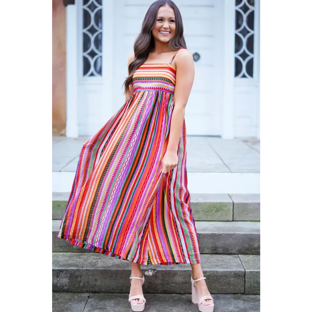 Vibrant Multicolor Boho Striped Maxi Dress with Spaghetti Straps and Smocked Back - Perfect for Beach Days and Summer