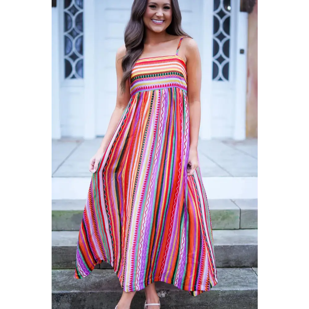 Vibrant Multicolor Boho Striped Maxi Dress with Spaghetti Straps and Smocked Back - Perfect for Beach Days and Summer