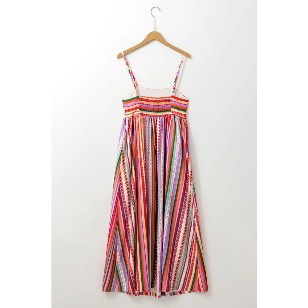 Vibrant Multicolor Boho Striped Maxi Dress with Spaghetti Straps and Smocked Back - Perfect for Beach Days and Summer