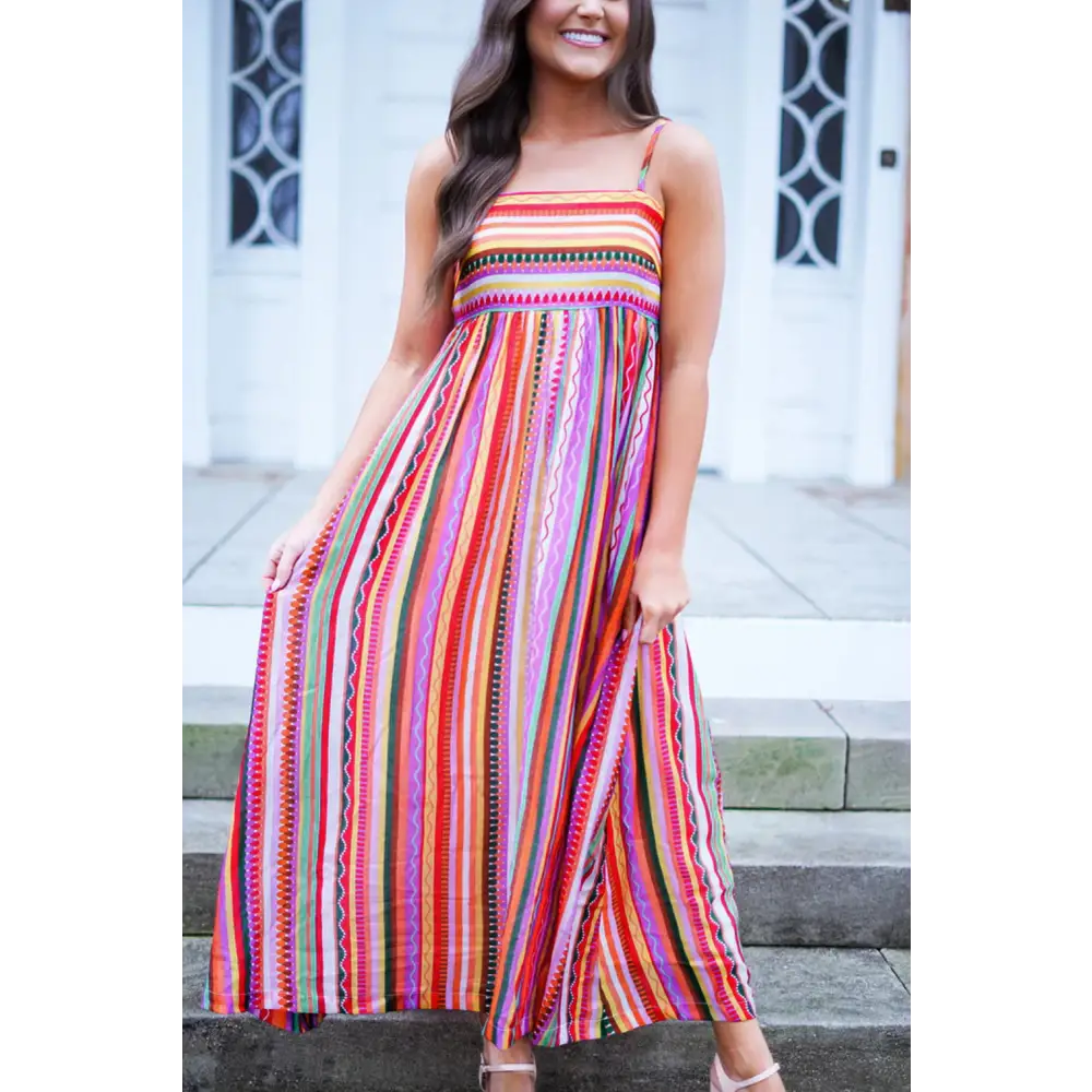 Vibrant Multicolor Boho Striped Maxi Dress with Spaghetti Straps and Smocked Back - Perfect for Beach Days and Summer
