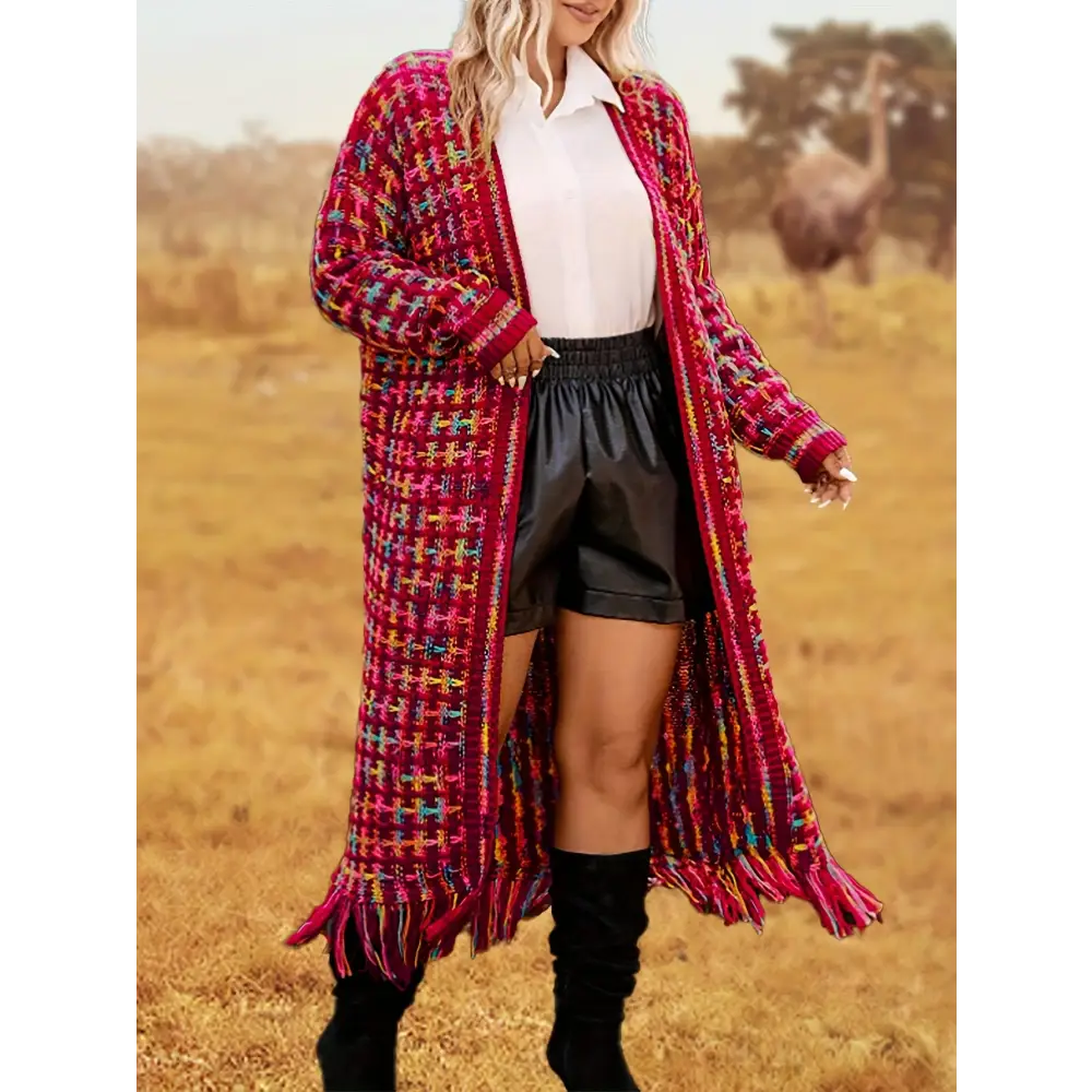 Vibrant Open Front Knit Cardigan - Elegant Tassel Trim Long Sleeve Soft and Cozy Outwear for Women - Perfect for Casual