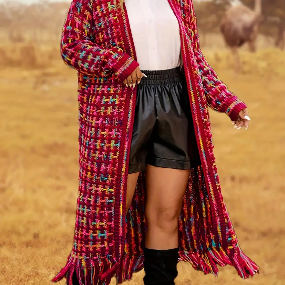 Vibrant Open Front Knit Cardigan - Elegant Tassel Trim Long Sleeve Soft and Cozy Outwear for Women - Perfect for Casual