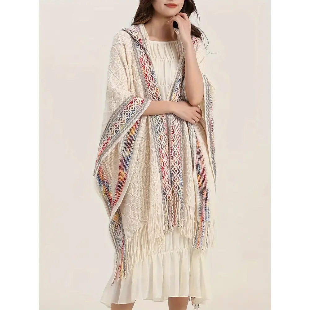 Vibrant Tribal Pattern Batwing Sleeve Open Front Cardigan - Women’s Elegant Fringe Hem Cape for Spring & Fall - Soft