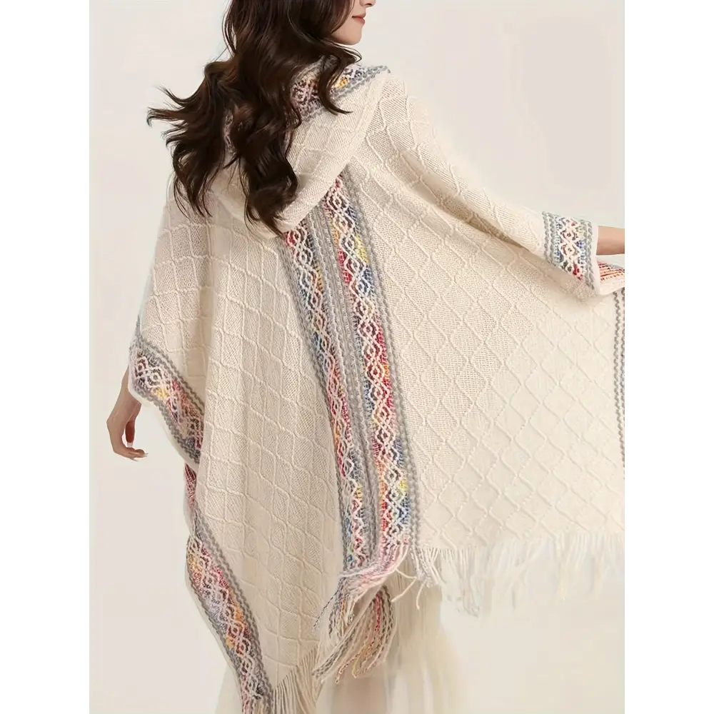 Vibrant Tribal Pattern Batwing Sleeve Open Front Cardigan - Women’s Elegant Fringe Hem Cape for Spring & Fall - Soft