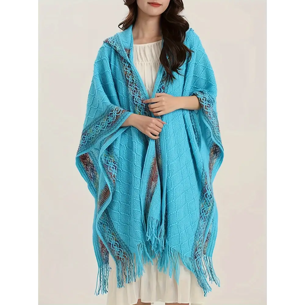 Vibrant Tribal Pattern Batwing Sleeve Open Front Cardigan - Women’s Elegant Fringe Hem Cape for Spring & Fall - Soft
