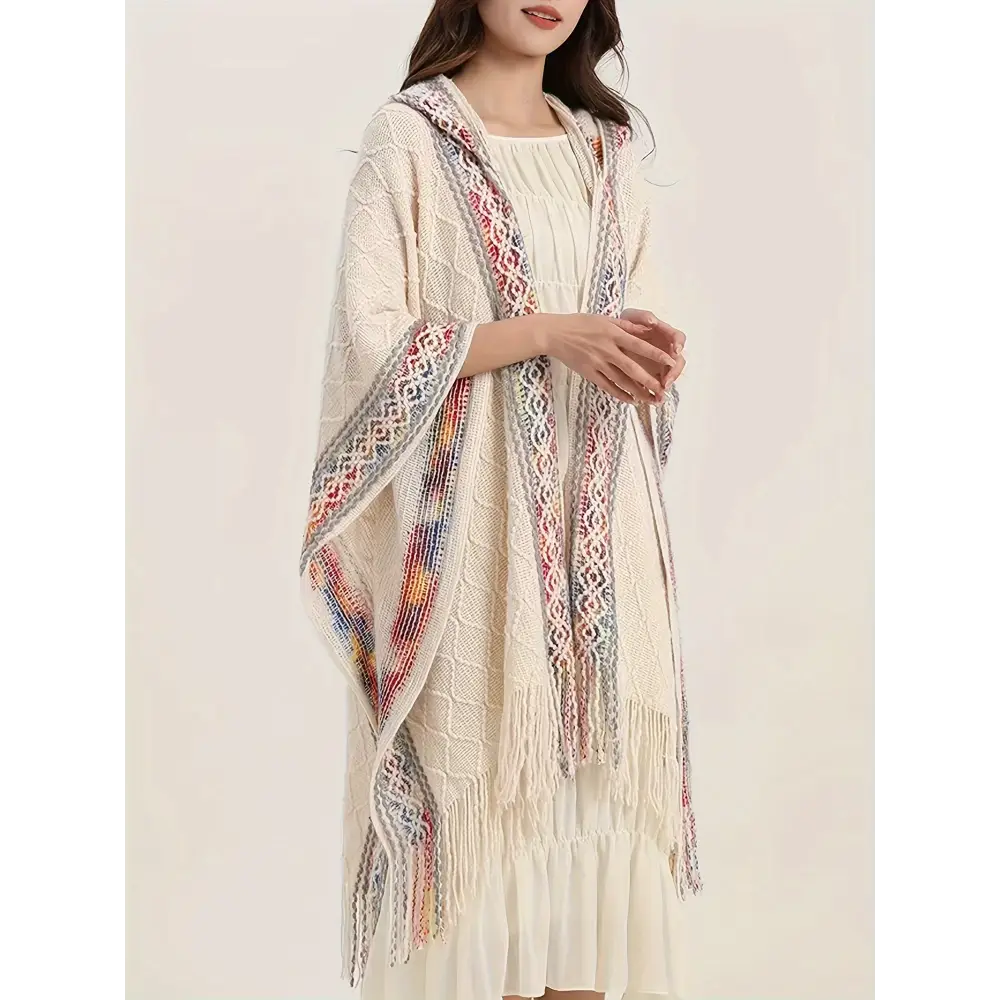 Vibrant Tribal Pattern Batwing Sleeve Open Front Cardigan - Women’s Elegant Fringe Hem Cape for Spring & Fall - Soft