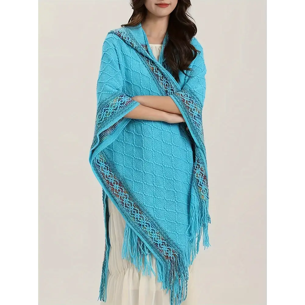 Vibrant Tribal Pattern Batwing Sleeve Open Front Cardigan - Women’s Elegant Fringe Hem Cape for Spring & Fall - Soft