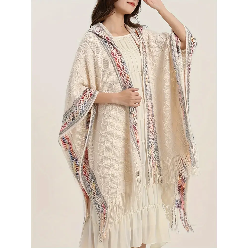 Vibrant Tribal Pattern Batwing Sleeve Open Front Cardigan - Women’s Elegant Fringe Hem Cape for Spring & Fall - Soft