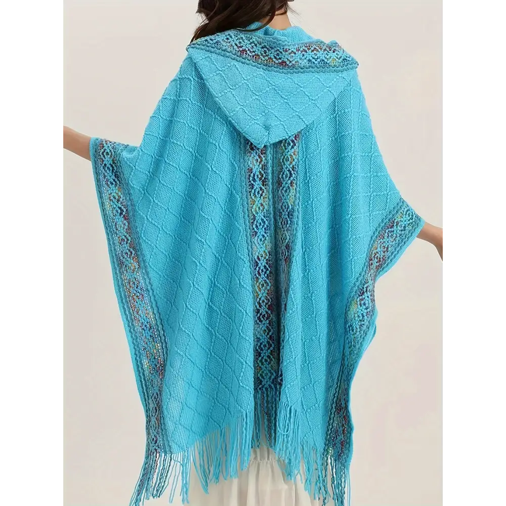 Vibrant Tribal Pattern Batwing Sleeve Open Front Cardigan - Women’s Elegant Fringe Hem Cape for Spring & Fall - Soft