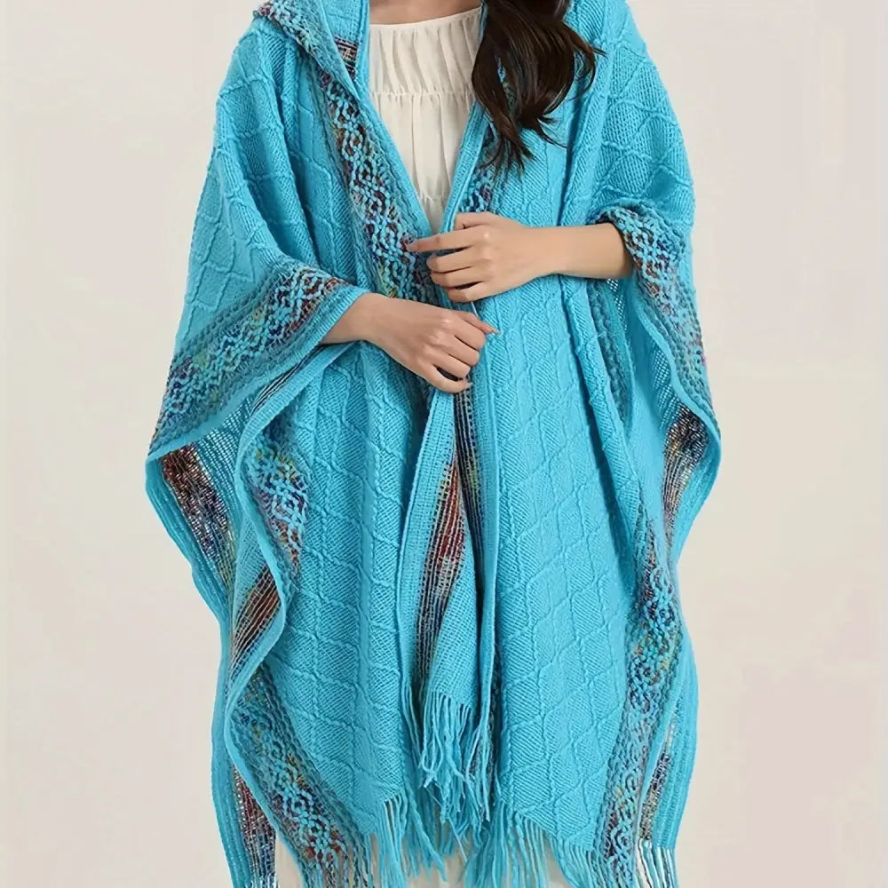 Vibrant Tribal Pattern Batwing Sleeve Open Front Cardigan - Women’s Elegant Fringe Hem Cape for Spring & Fall - Soft
