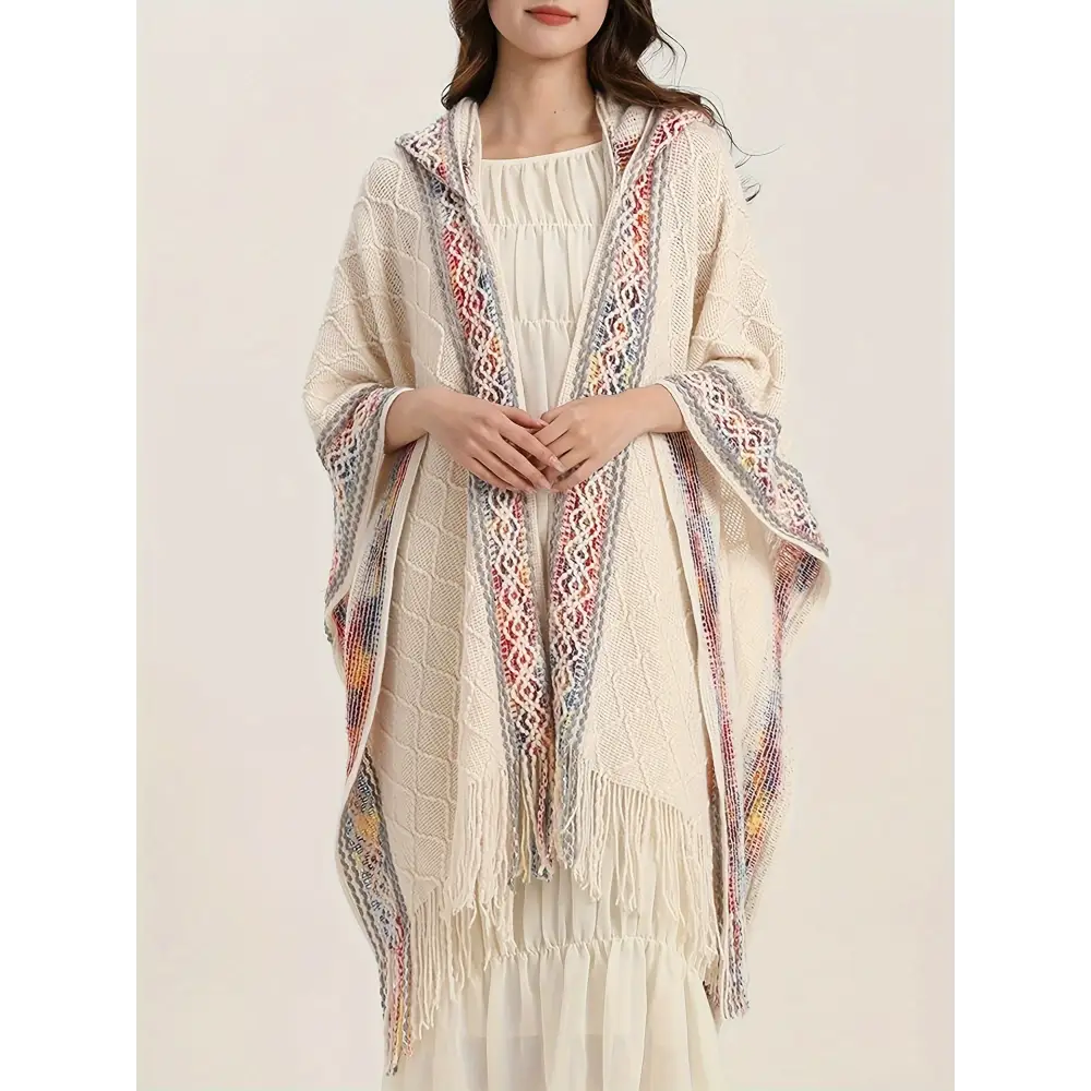 Vibrant Tribal Pattern Batwing Sleeve Open Front Cardigan - Women’s Elegant Fringe Hem Cape for Spring & Fall - Soft