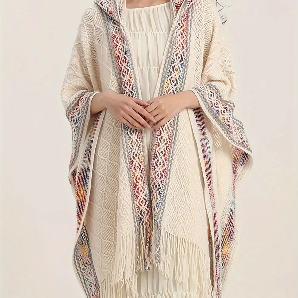 Vibrant Tribal Pattern Batwing Sleeve Open Front Cardigan - Women’s Elegant Fringe Hem Cape for Spring & Fall - Soft