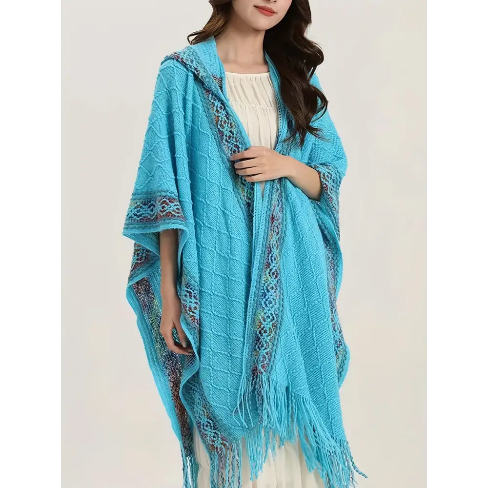 Vibrant Tribal Pattern Batwing Sleeve Open Front Cardigan - Women’s Elegant Fringe Hem Cape for Spring & Fall - Soft