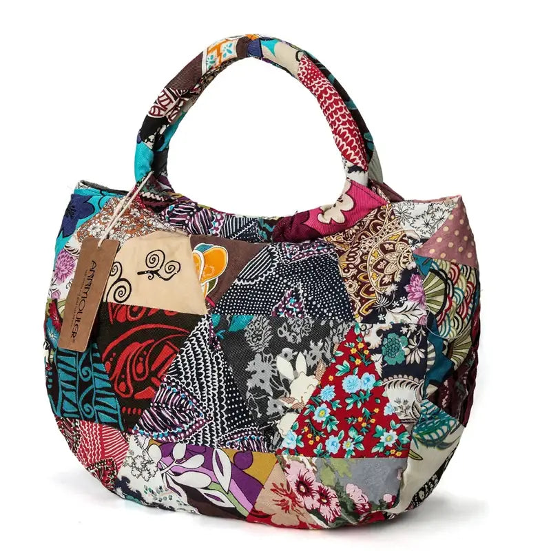 Vintage Floral Print Cotton Shoulder Bag - Large Capacity Bohemian Patchwork Tote Tribal Hobo Style - multicolor