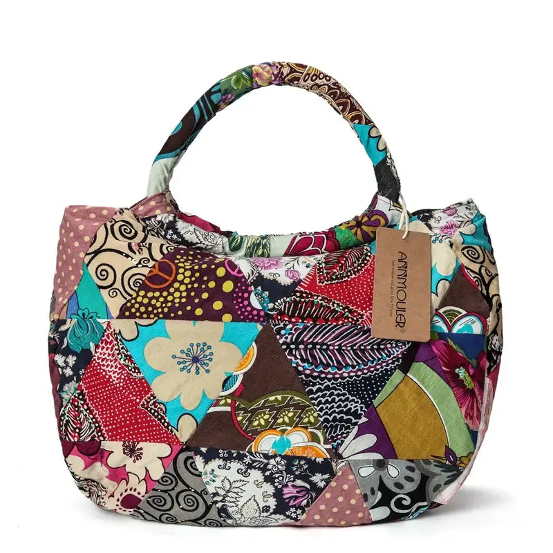 Vintage Floral Print Cotton Shoulder Bag - Large Capacity Bohemian Patchwork Tote Tribal Hobo Style - multicolor