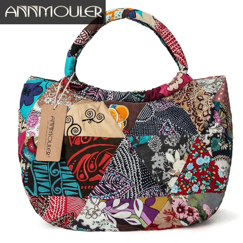 Vintage Floral Print Cotton Shoulder Bag - Large Capacity Bohemian Patchwork Tote Tribal Hobo Style - multicolor