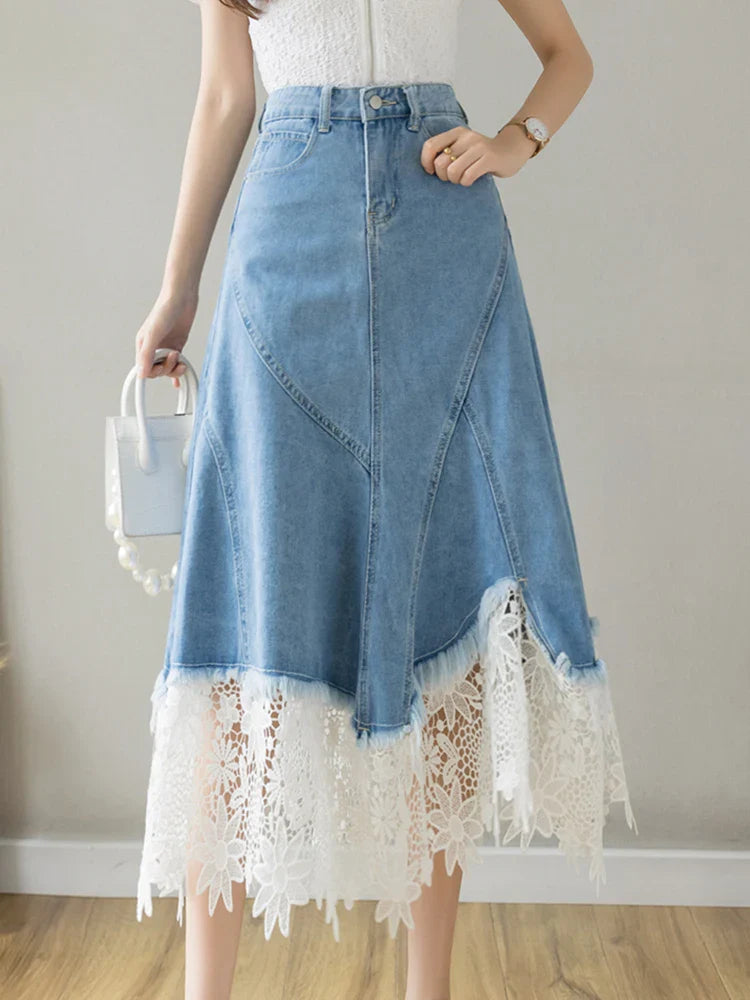 Vintage Patchwork Lace Hollow-Out Jean Skirt - Women’s High Waist Midi Denim Skirt with Zipper Casual Boho Fashion
