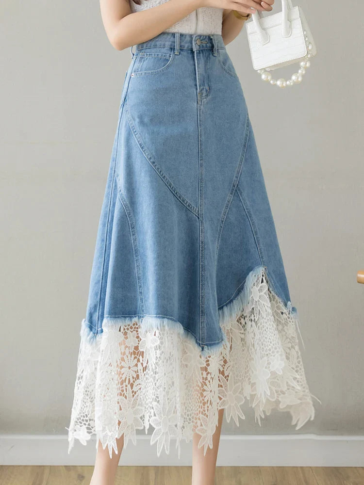 Vintage Patchwork Lace Hollow-Out Jean Skirt - Women’s High Waist Midi Denim Skirt with Zipper Casual Boho Fashion