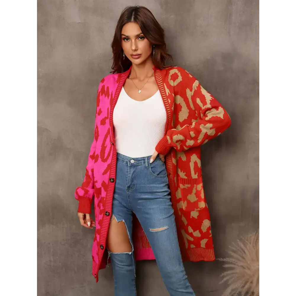 Winter 2024 Women’s Knitted Cardigan Sweater - V-Neck Full Sleeve Print Midi Jumper - Thick Spliced Single Breasted