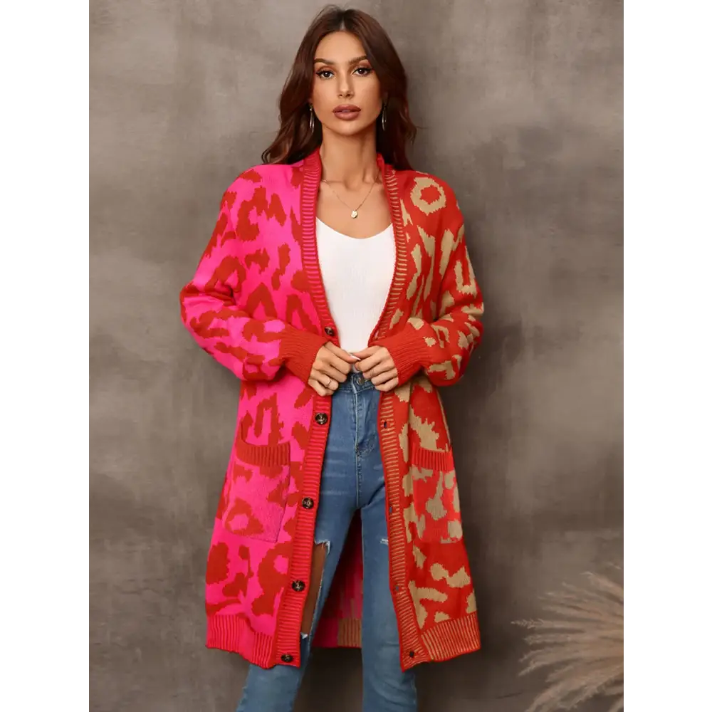 Winter 2024 Women’s Knitted Cardigan Sweater - V-Neck Full Sleeve Print Midi Jumper - Thick Spliced Single Breasted