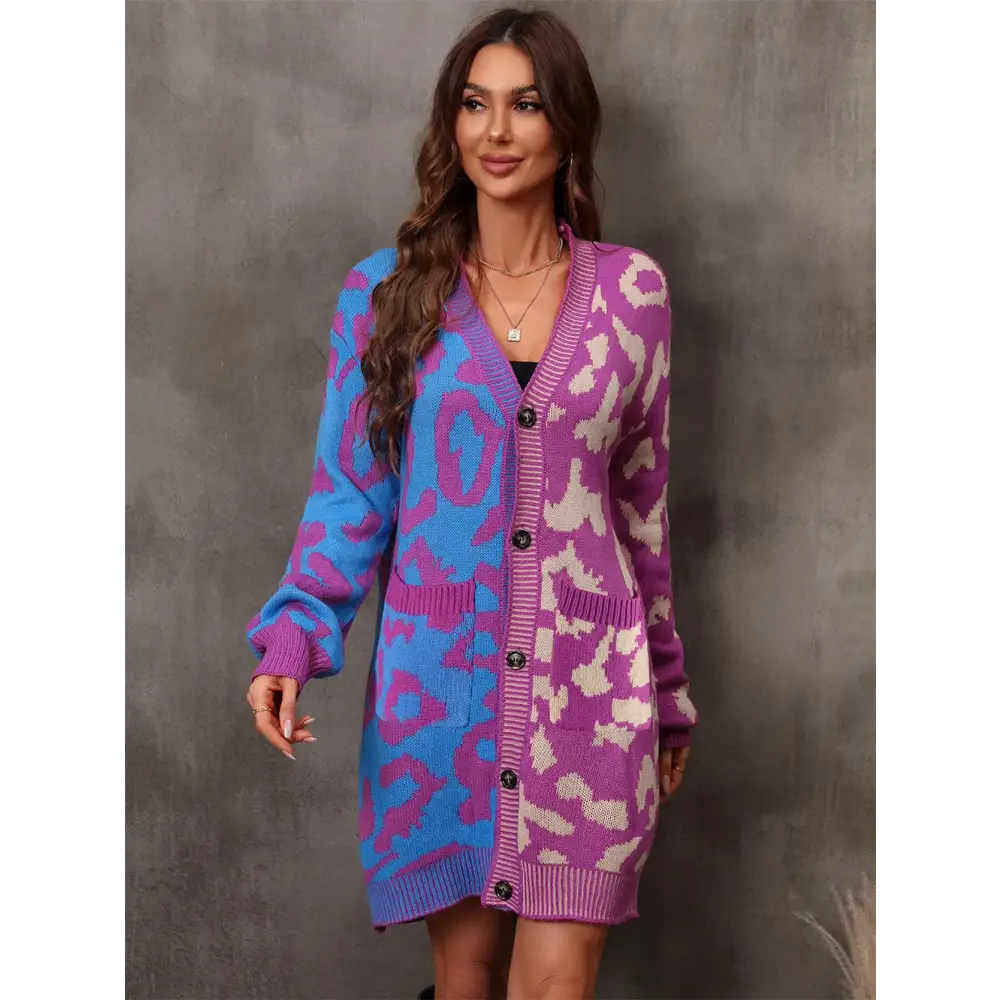 Winter 2024 Women’s Knitted Cardigan Sweater - V-Neck Full Sleeve Print Midi Jumper - Thick Spliced Single Breasted