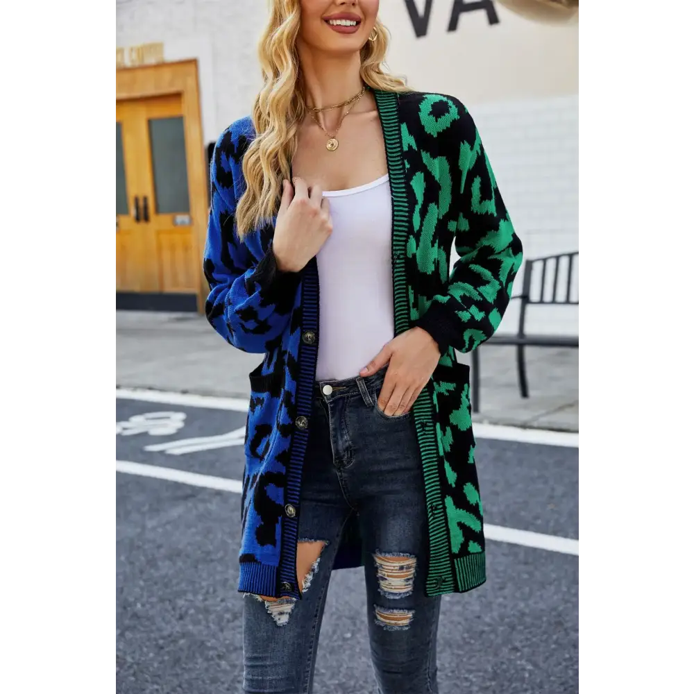Winter 2024 Women’s Knitted Cardigan Sweater - V-Neck Full Sleeve Print Midi Jumper - Thick Spliced Single Breasted