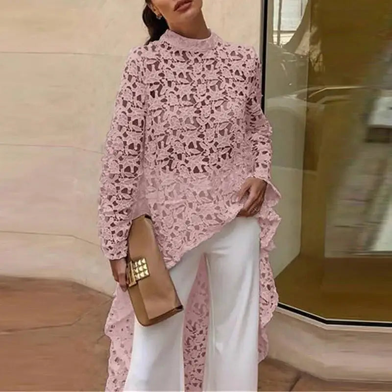 Women Boho Chic Fashion O-neck Loose Shirts Causal Long Sleeves Solid Color Pullover Tops Elegant Embroidery Hollow