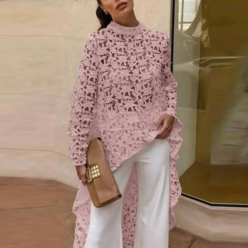 Women Boho Chic Fashion O-neck Loose Shirts Causal Long Sleeves Solid Color Pullover Tops Elegant Embroidery Hollow