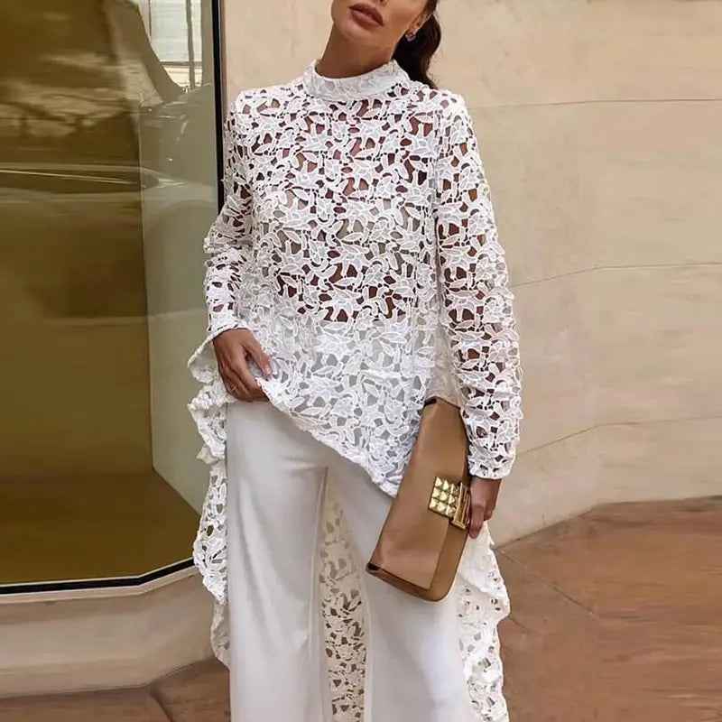 Women Boho Chic Fashion O-neck Loose Shirts Causal Long Sleeves Solid Color Pullover Tops Elegant Embroidery Hollow