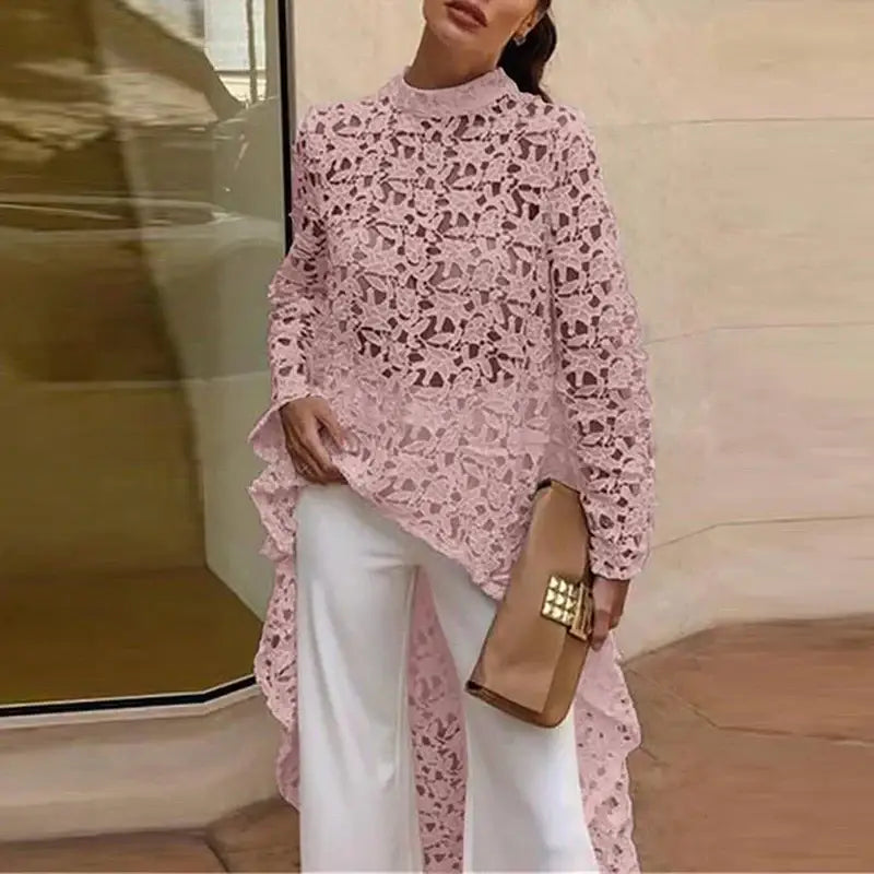 Women Boho Chic Fashion O-neck Loose Shirts Causal Long Sleeves Solid Color Pullover Tops Elegant Embroidery Hollow