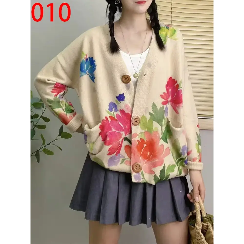 Women’s Boho Autumn Fashion Printed Loose Cardigans Casual V Neck Sweaters Ladies Luxury Classic Patchwork Floral