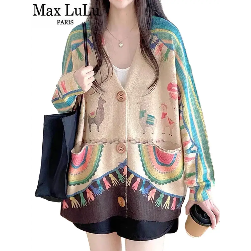 Women’s Boho Autumn Fashion Printed Loose Cardigans Casual V Neck Sweaters Ladies Luxury Classic Patchwork Floral