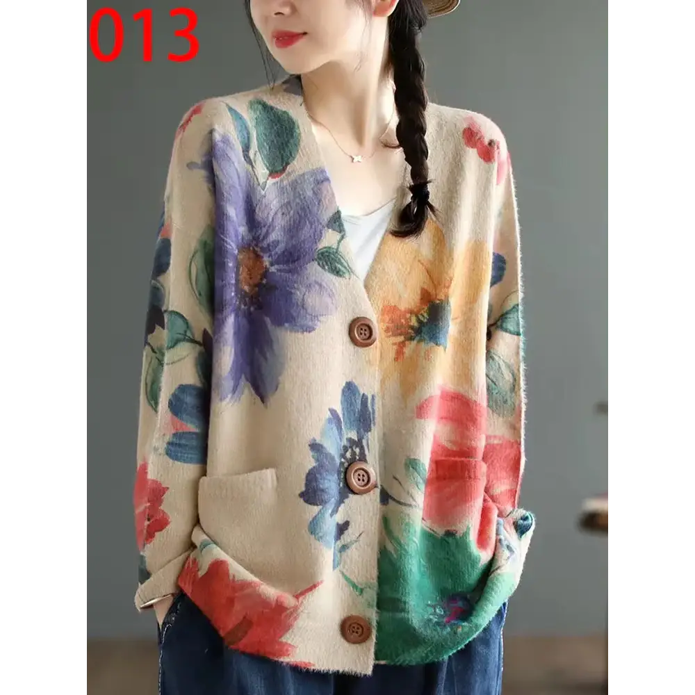 Women’s Boho Autumn Fashion Printed Loose Cardigans Casual V Neck Sweaters Ladies Luxury Classic Patchwork Floral
