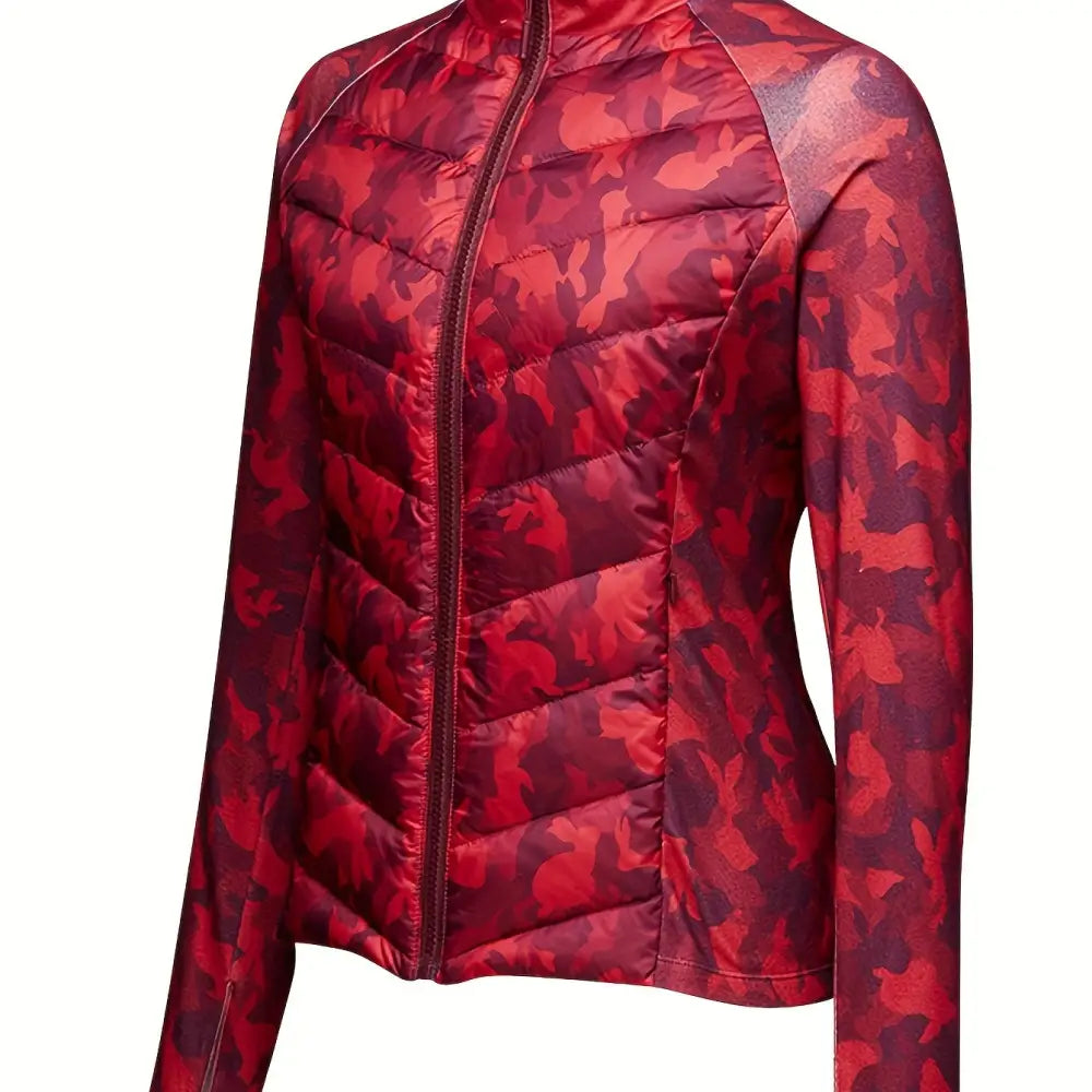 Women’s Down Jacket with Stand Neck & Full-Zip Closure - Warm Stylish Design with Thumbhole Cuffs - Red Camouflage