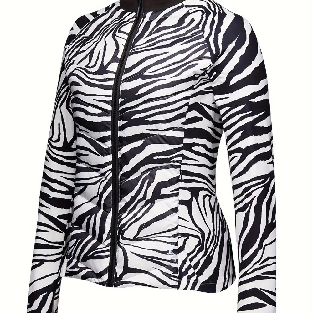 Women’s Down Jacket with Stand Neck & Full-Zip Closure - Warm Stylish Design with Thumbhole Cuffs - Zebra Print / S(4)
