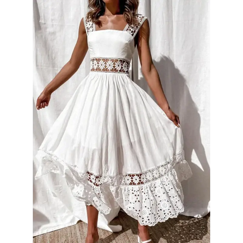 Women’s Dress White Hollow Out Cotton Sundress Lace Sleeveless Long Splicing Summer Party Elegant Evening Woman