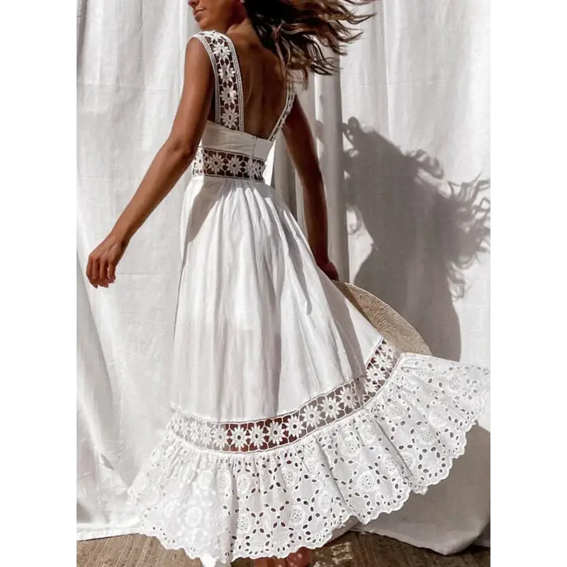 Women’s Dress White Hollow Out Cotton Sundress Lace Sleeveless Long Splicing Summer Party Elegant Evening Woman