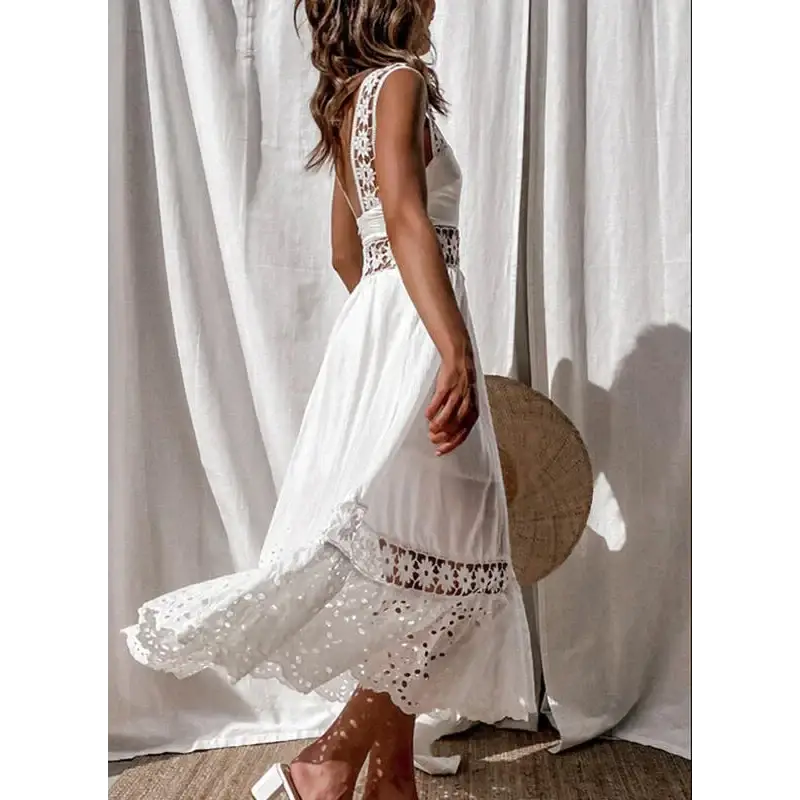 Women’s Dress White Hollow Out Cotton Sundress Lace Sleeveless Long Splicing Summer Party Elegant Evening Woman