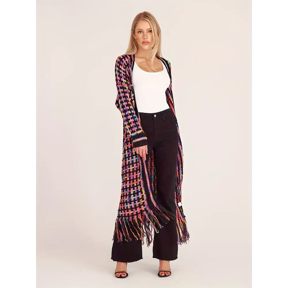 Women’s Fashion Multi-Color Fringe Knit Cardigan Nylon Fashion Commuter Style Open Front Color Block Autumn/Winter