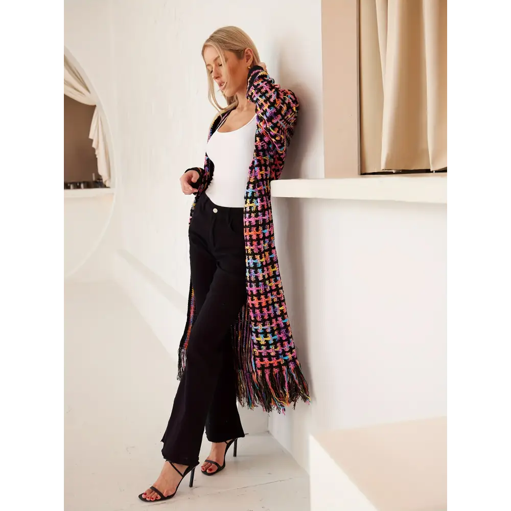 Women’s Fashion Multi-Color Fringe Knit Cardigan Nylon Fashion Commuter Style Open Front Color Block Autumn/Winter