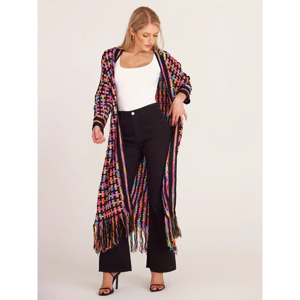 Women’s Fashion Multi-Color Fringe Knit Cardigan Nylon Fashion Commuter Style Open Front Color Block Autumn/Winter