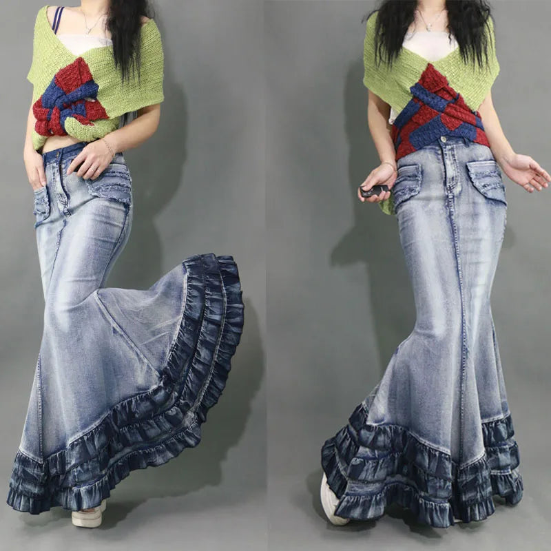 Women’s Fishtail Denim Maxi Skirt - Mermaid Style Ruffle Patchwork Stretch Jeans Vintage Fashion - Maxi Skirt