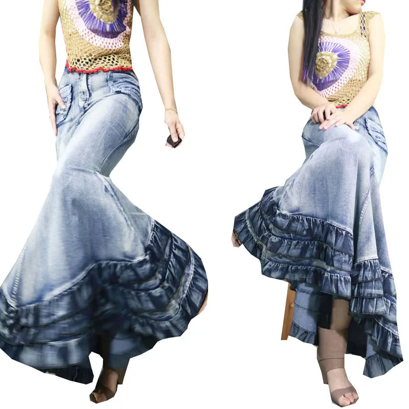 Women’s Fishtail Denim Maxi Skirt - Mermaid Style Ruffle Patchwork Stretch Jeans Vintage Fashion - Maxi Skirt