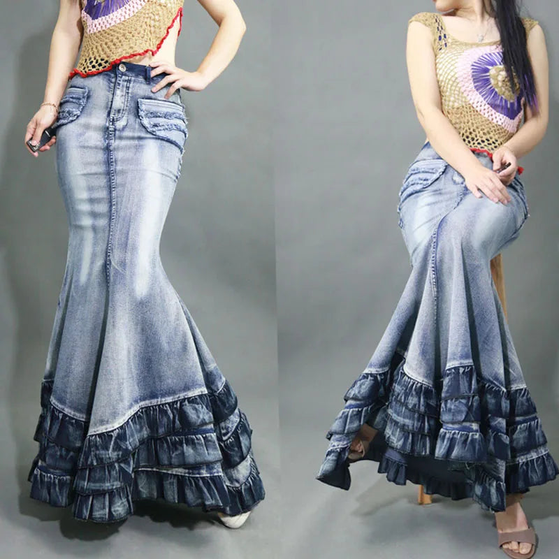 Women’s Fishtail Denim Maxi Skirt - Mermaid Style Ruffle Patchwork Stretch Jeans Vintage Fashion - Maxi Skirt