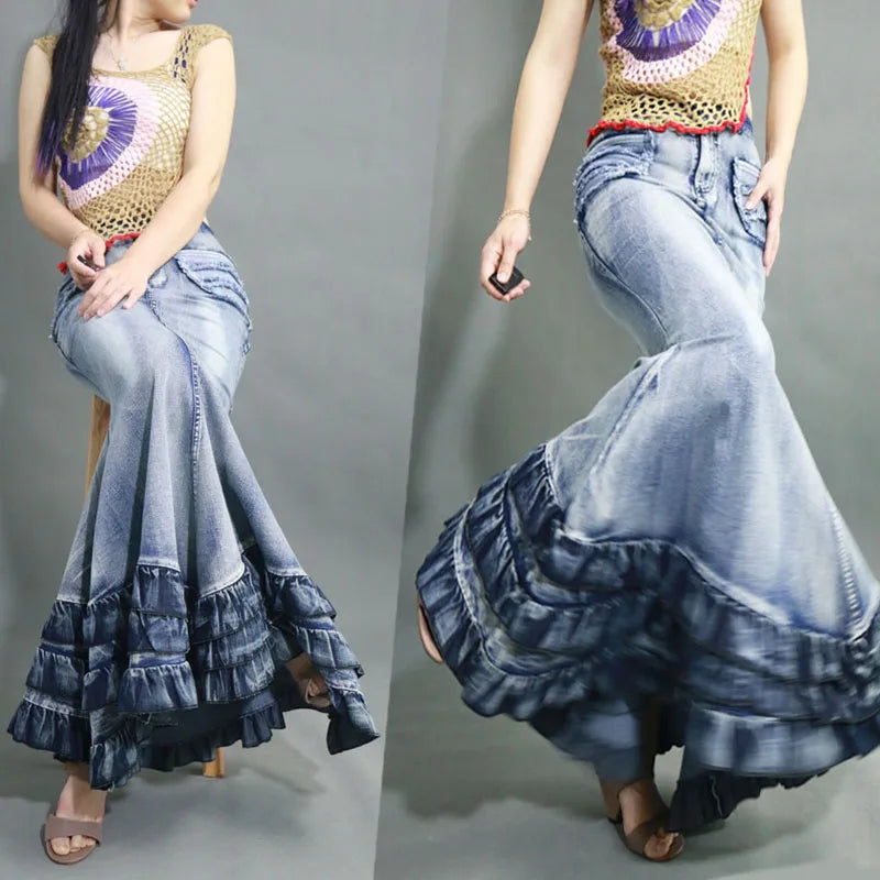 Women’s Fishtail Denim Maxi Skirt - Mermaid Style Ruffle Patchwork Stretch Jeans Vintage Fashion - Maxi Skirt