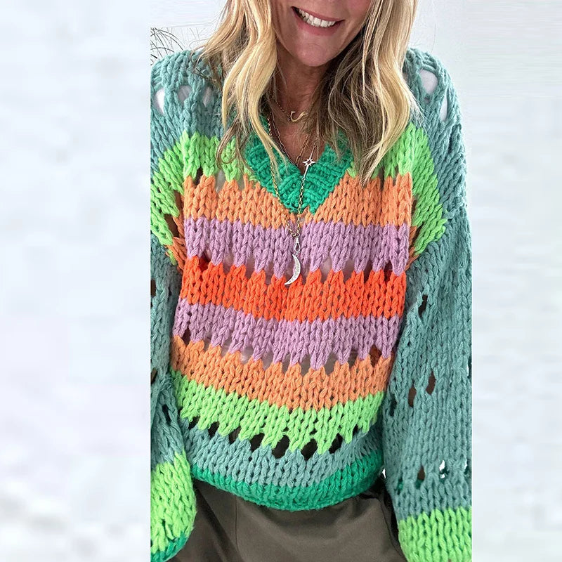 Women’s Hollow Out Knitted Pullover Sweater - Loose V-Neck Winter Jumper Harajuku Office Fashion All-Match Change Color