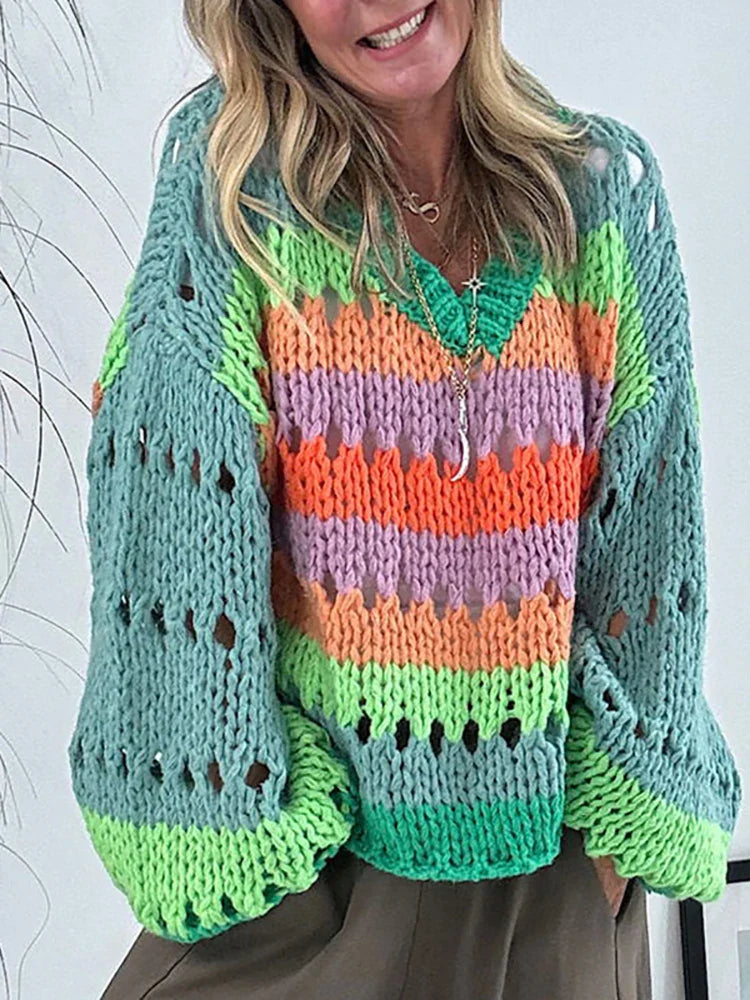 Women’s Hollow Out Knitted Pullover Sweater - Loose V-Neck Winter Jumper Harajuku Office Fashion All-Match Change Color