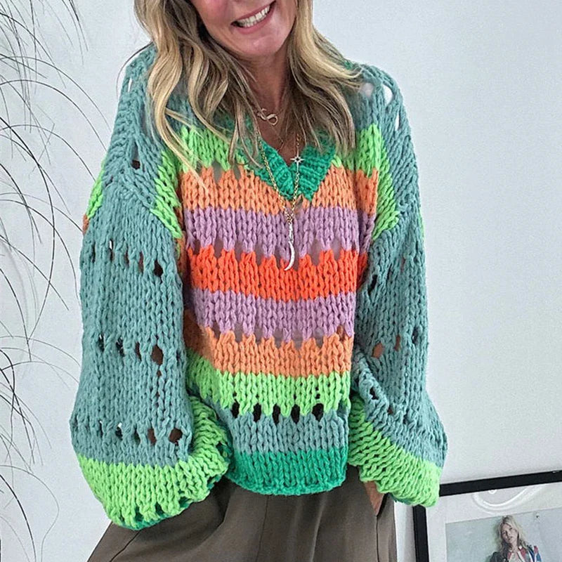 Women’s Hollow Out Knitted Pullover Sweater - Loose V-Neck Winter Jumper Harajuku Office Fashion All-Match Change Color