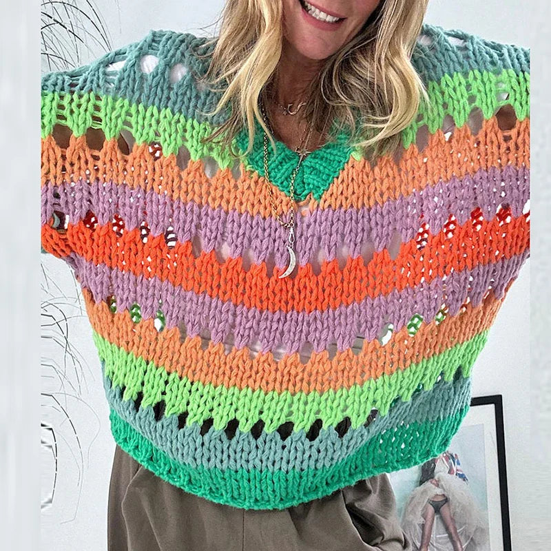 Women’s Hollow Out Knitted Pullover Sweater - Loose V-Neck Winter Jumper Harajuku Office Fashion All-Match Change Color