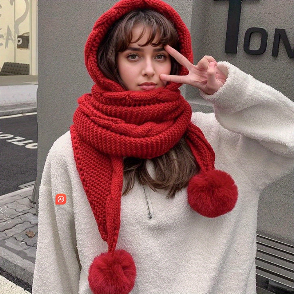 Women’s Knitted Beanie Hat with Integrated Scarf & 3 Pom-Pom Accessories - Three-ball scarf hat-red - Shawl